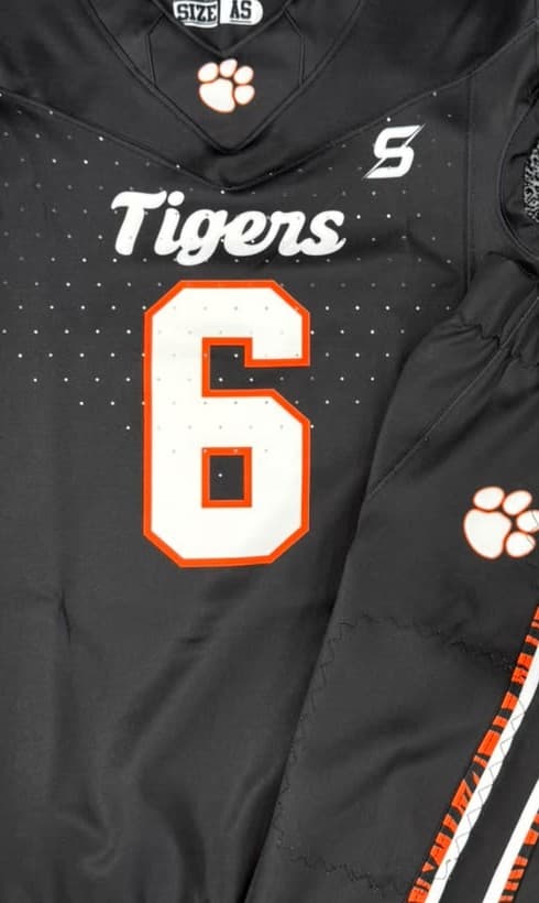 Close-up of a custom Seamline football uniform, the Tigers number 6